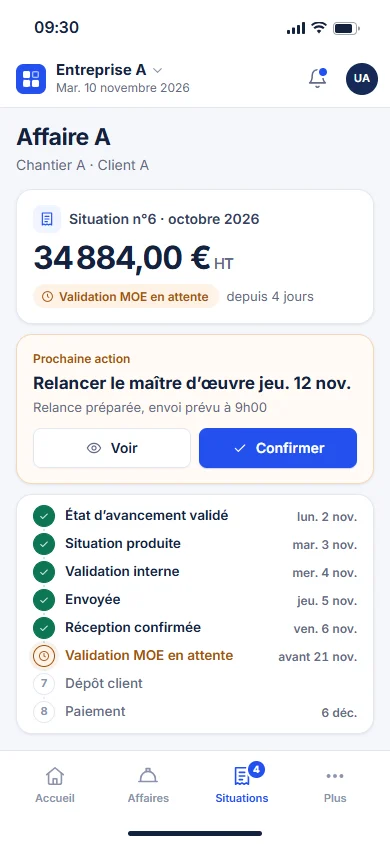 Vue mobile Laboxia : situation de travaux, montant, statut, prochaine action et étapes jusqu’au paiement.