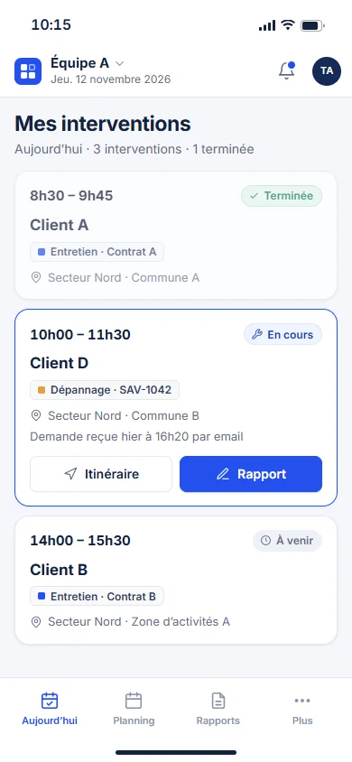Vue mobile Laboxia pour un technicien : interventions du jour, statut et itinéraire.