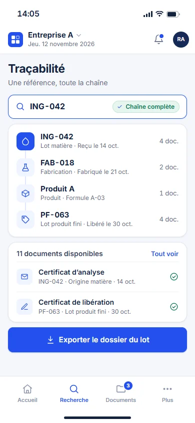 Vue mobile Laboxia : recherche d’un lot, chaîne résumée et documents disponibles.